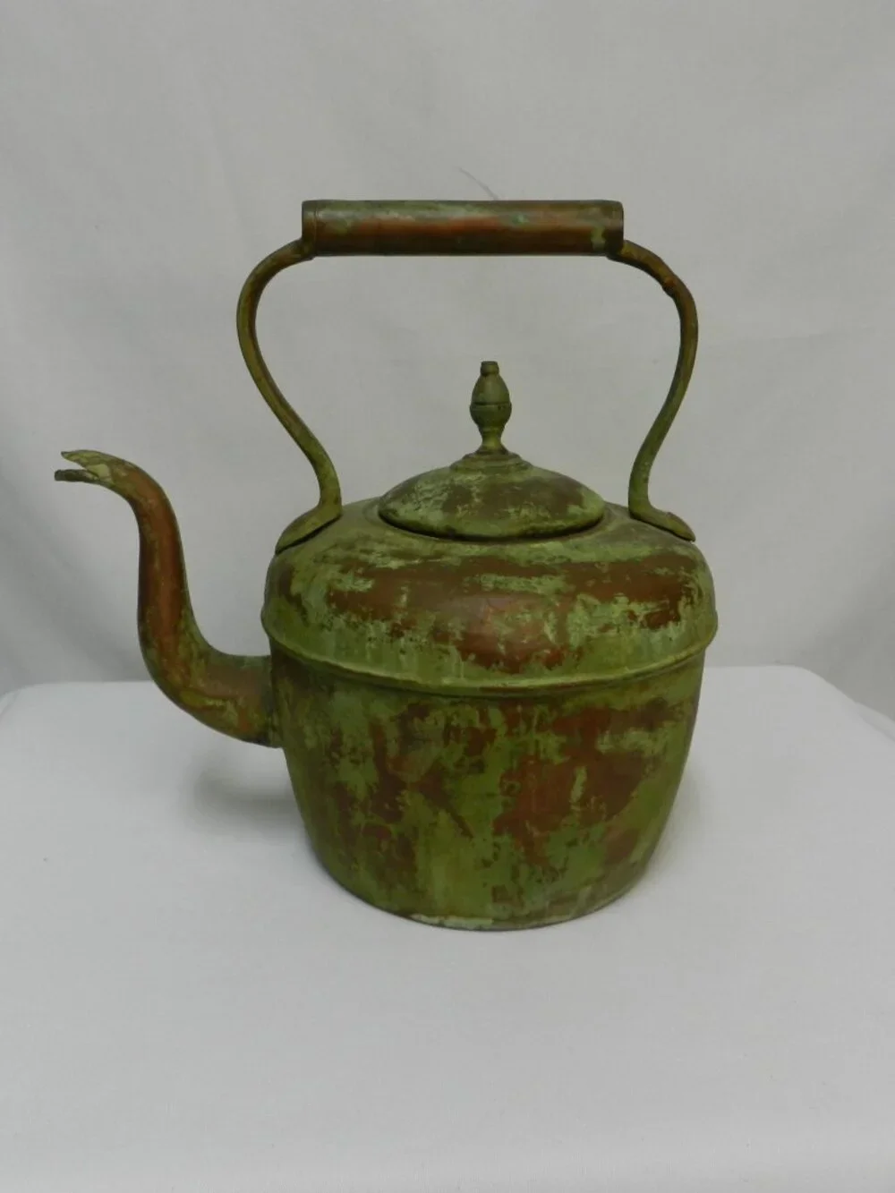 Antique Vintage Copper Tea Kettle Goose neck Spout green patina Handle 12